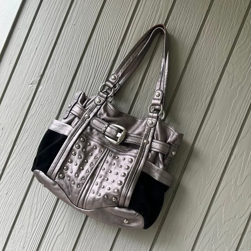 B Makowsky Gunmetal Leather Studded Tote Bag Y2K Moto Boho Shoulder Bag